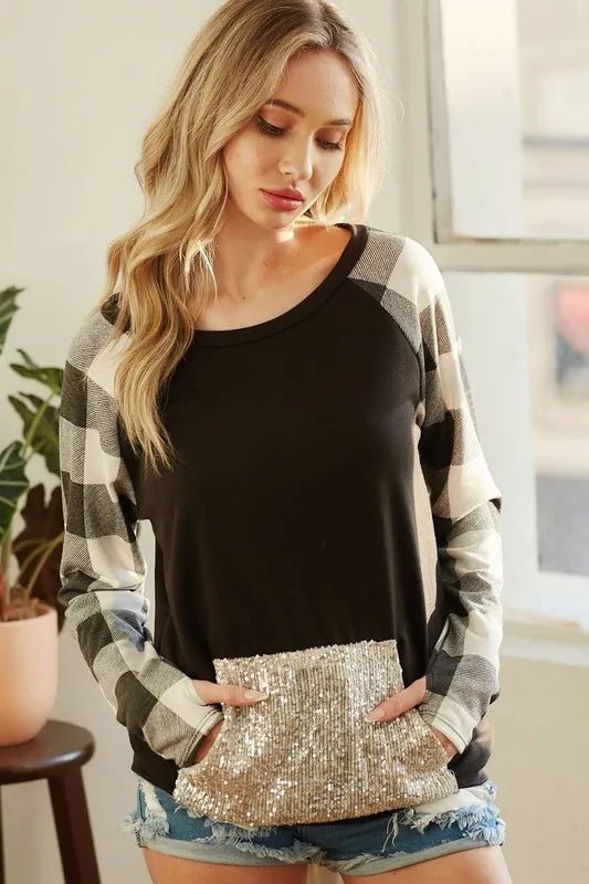 BiBi - Buffalo Plaid Sleeve Sweatshirt – Black with Gold Sequin Pocket