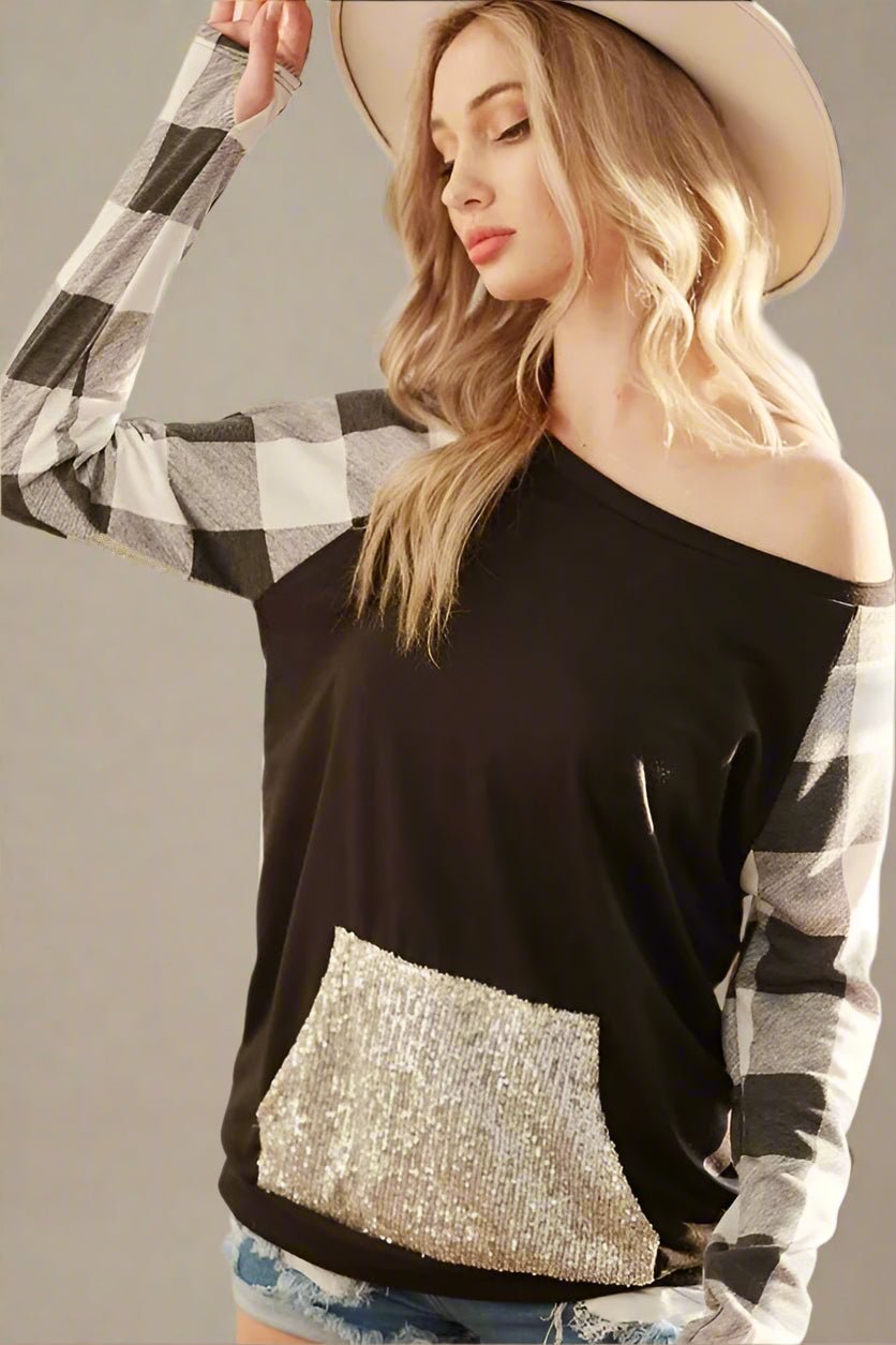 BiBi - Buffalo Plaid Sleeve Sweatshirt – Black with Gold Sequin Pocket