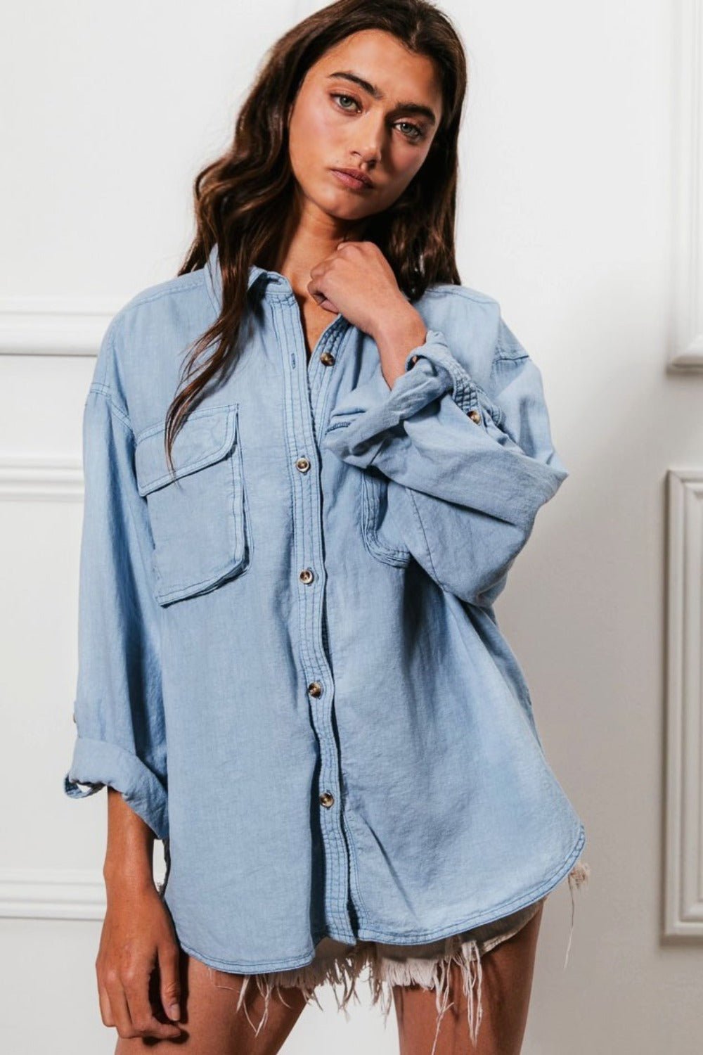 BiBi - Button Down Stitch Detail Denim Shirt