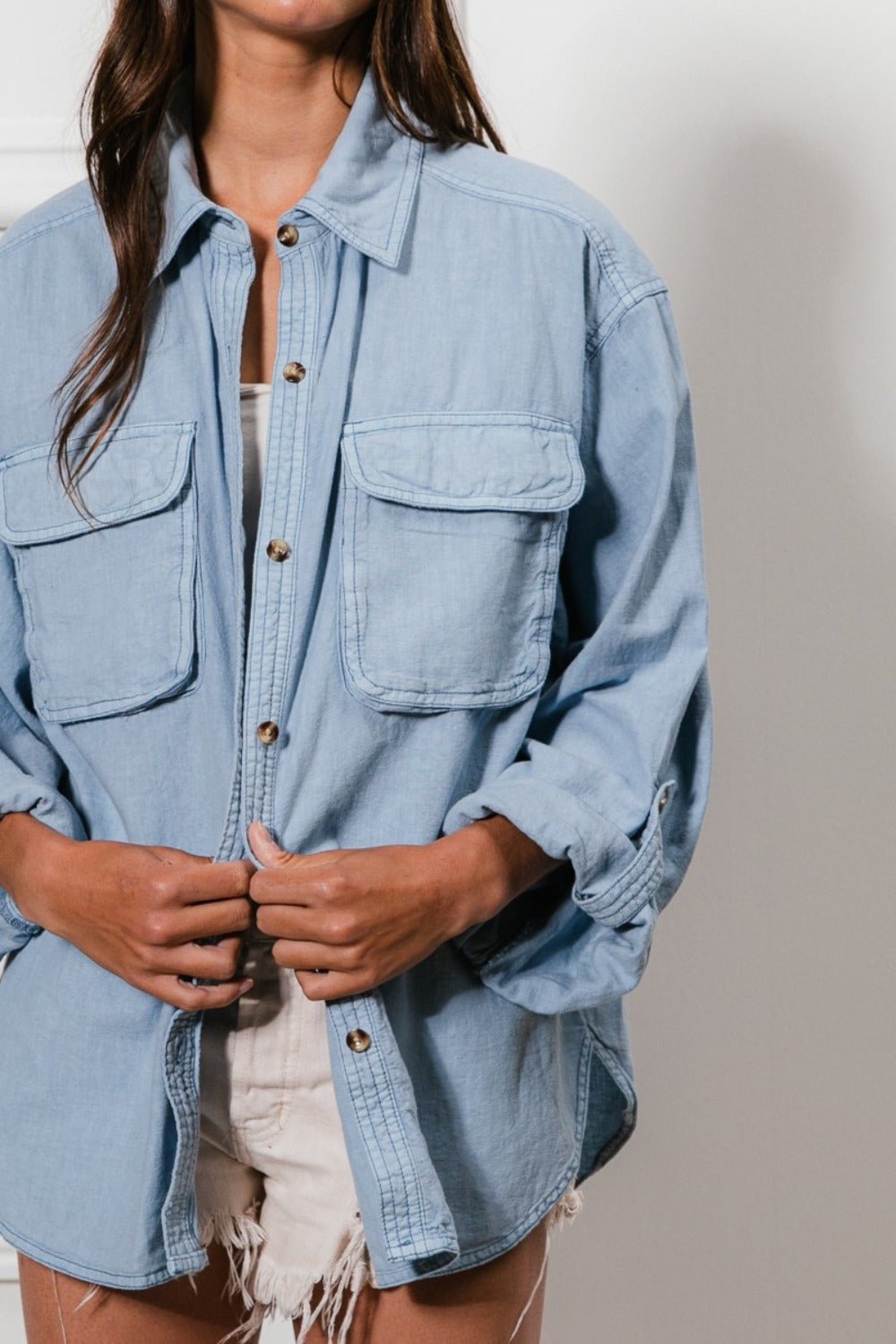 BiBi - Button Down Stitch Detail Denim Shirt