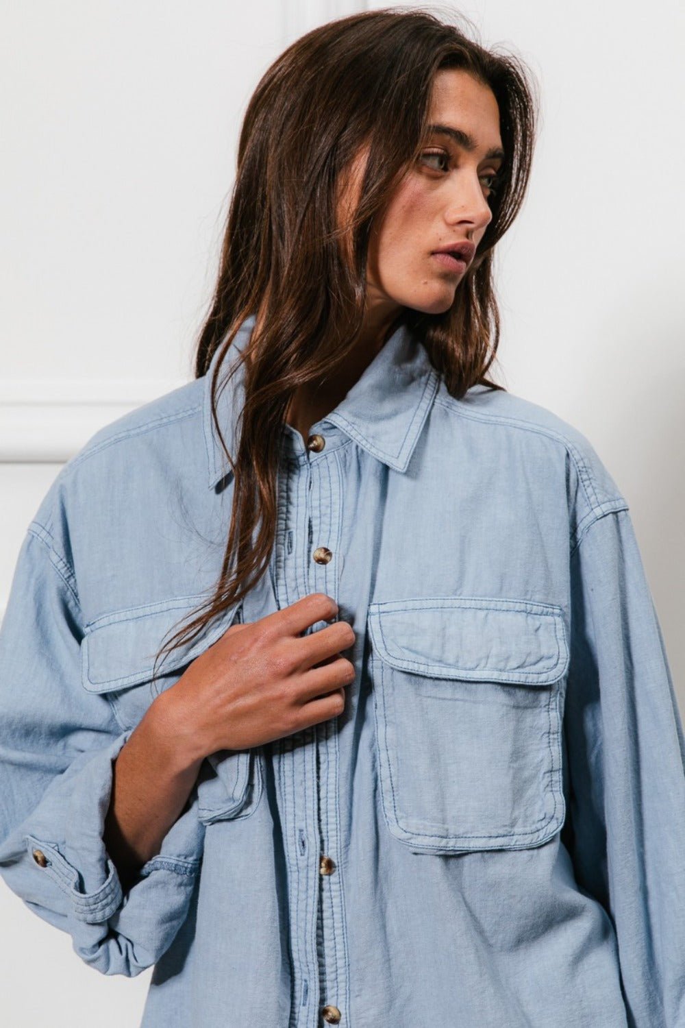 BiBi - Button Down Stitch Detail Denim Shirt