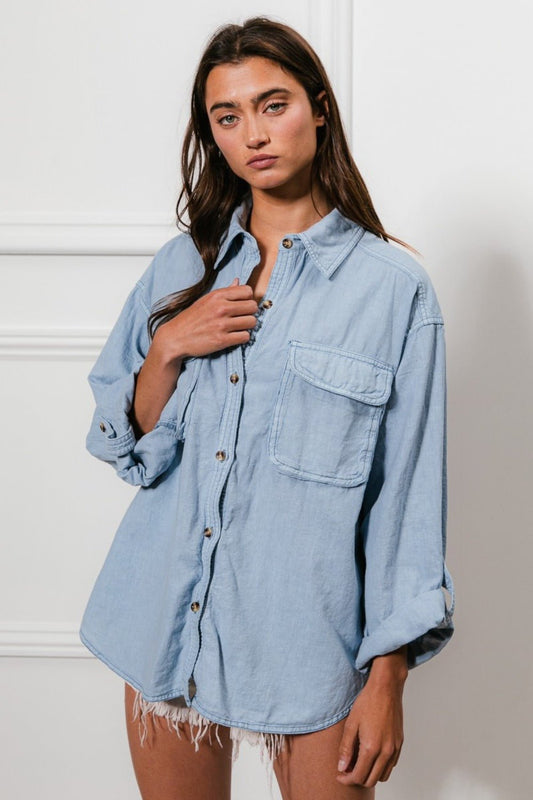 BiBi - Button Down Stitch Detail Denim Shirt