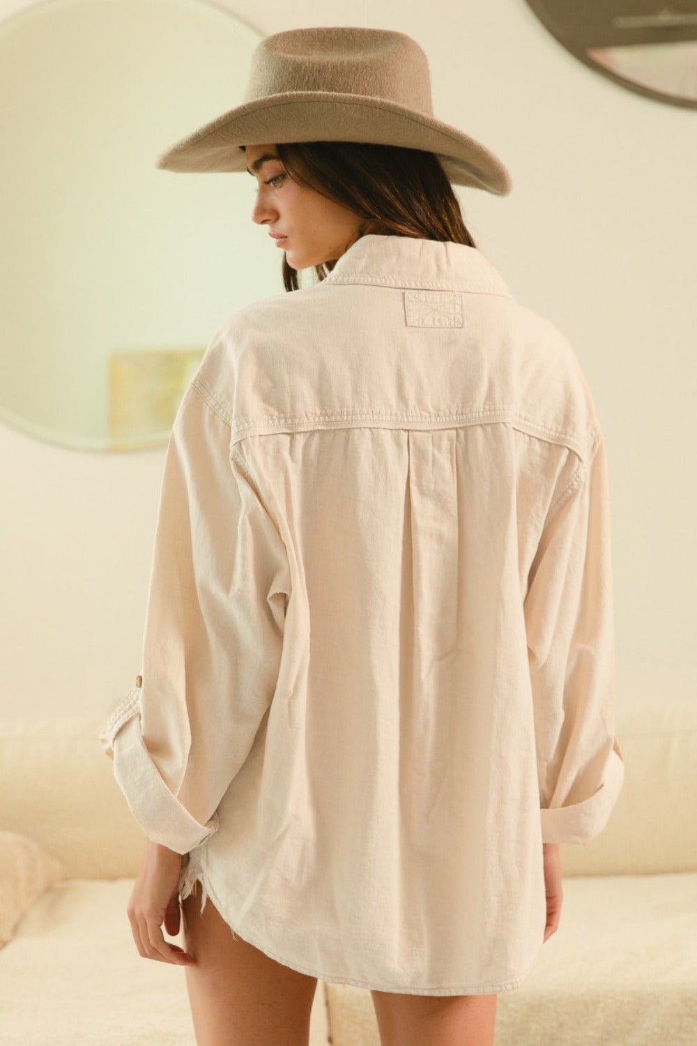 BiBi - Button Down Stitch Detail Shirt in Oatmeal