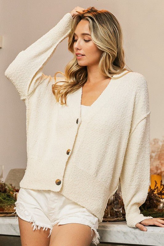 BiBi - Button Up Dropped Shoulder Cardigan in Cream