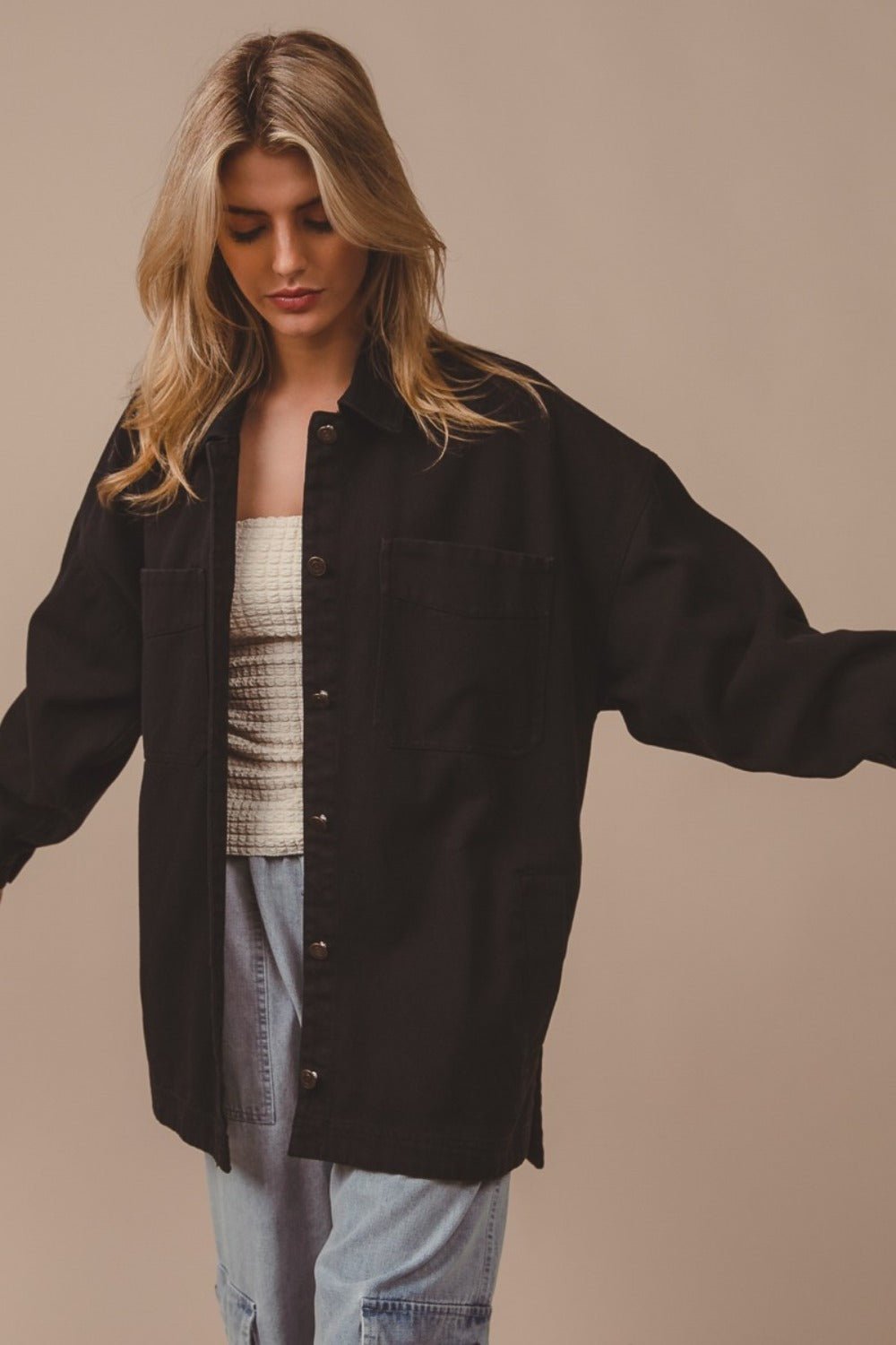 BiBi - Button Up Washed Jacket in Black Charcoal