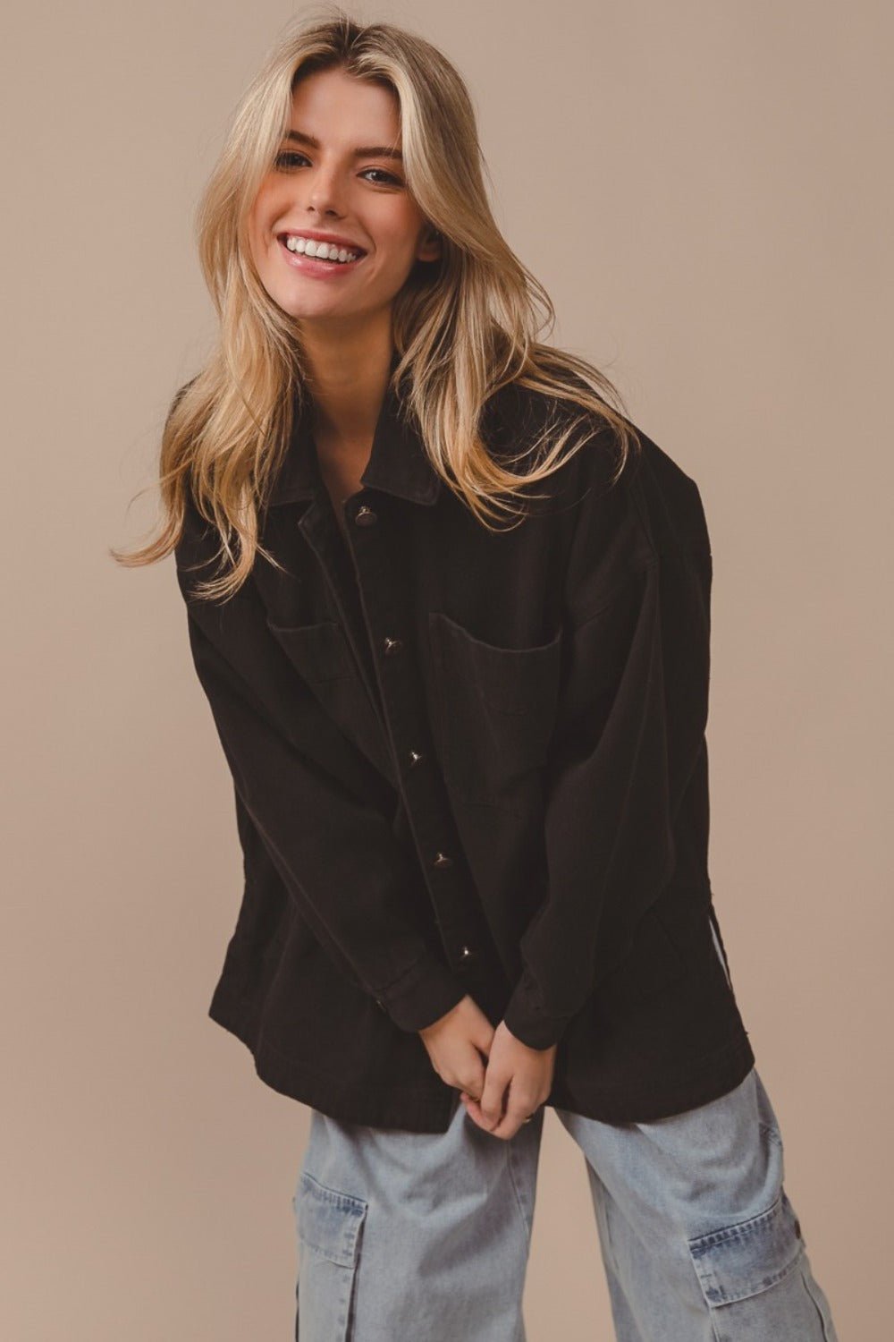 BiBi - Button Up Washed Jacket in Black Charcoal