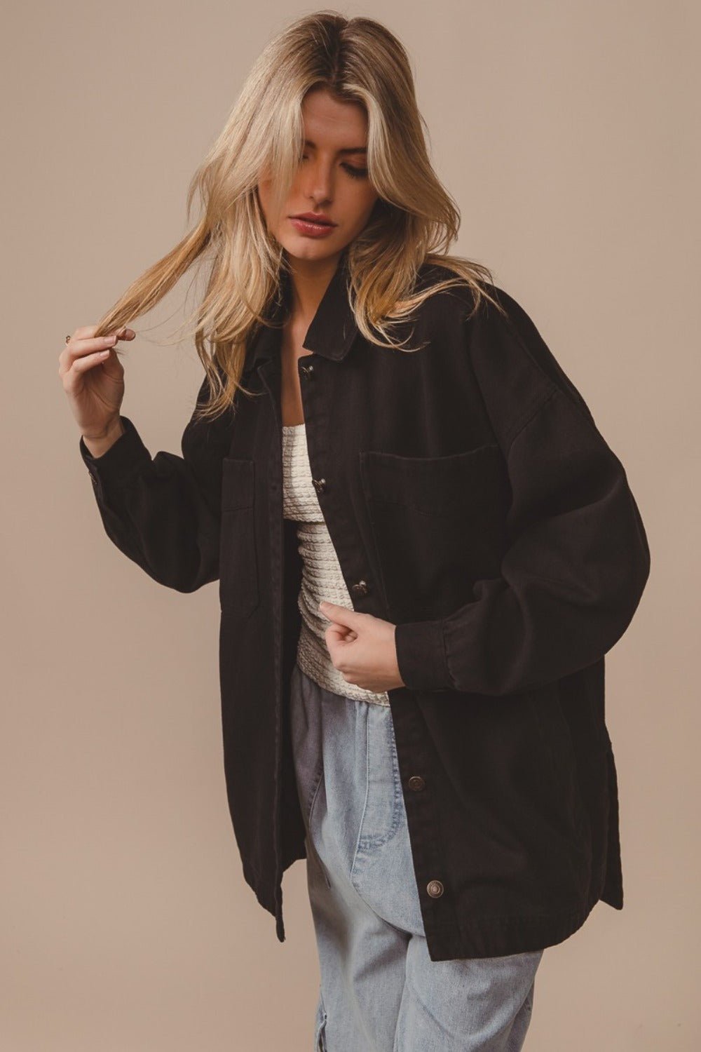 BiBi - Button Up Washed Jacket in Black Charcoal