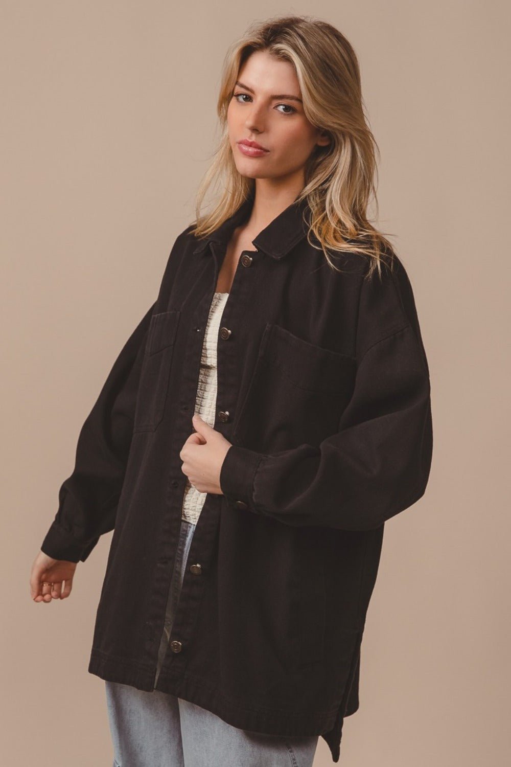 BiBi - Button Up Washed Jacket in Black Charcoal