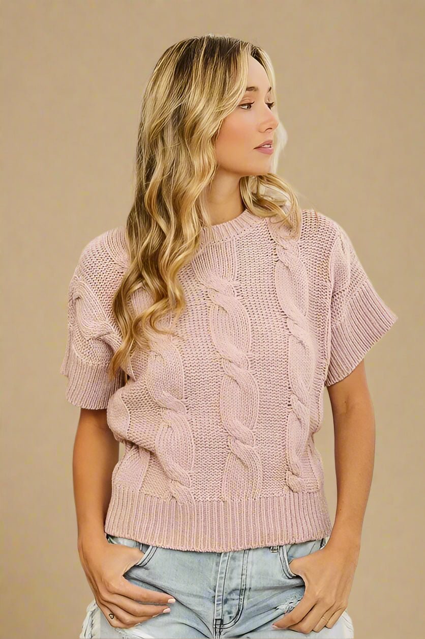 BiBi - Cable Knit Sweater Tee in Soft Mauve