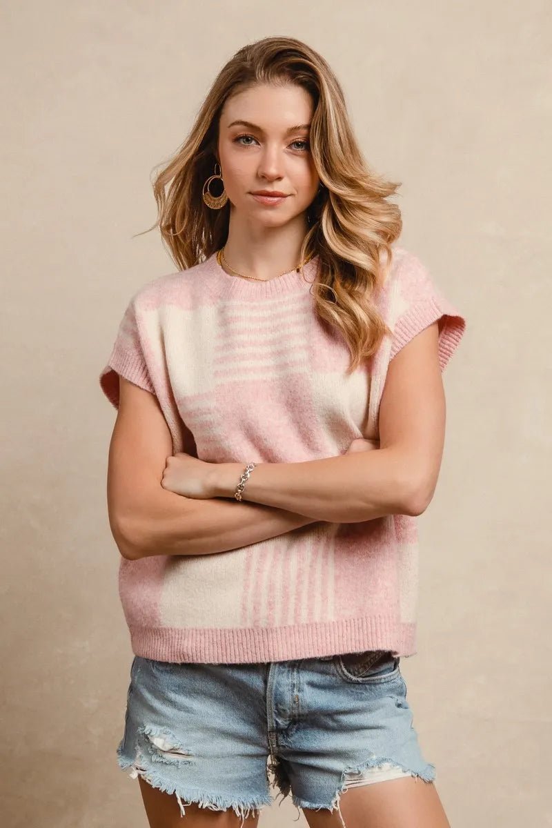 BiBi - Checkerboard Knit Sweater Vest – Pink & Ivory