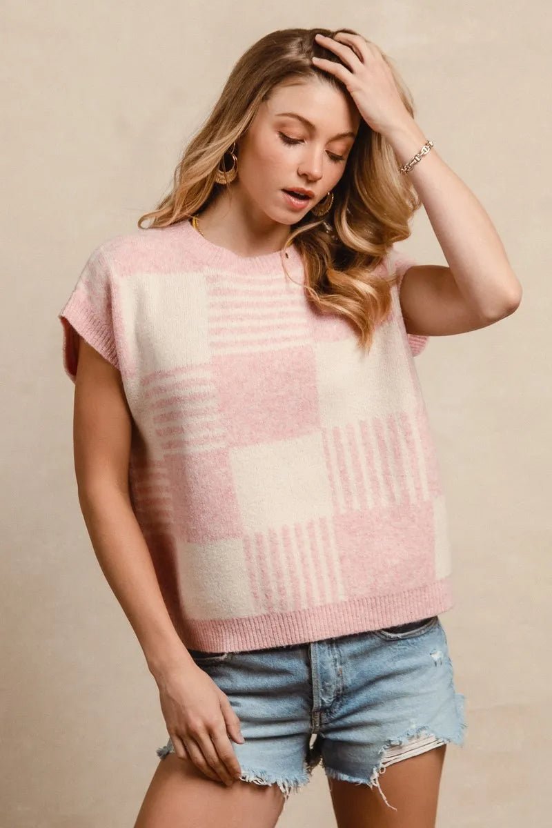 BiBi - Checkerboard Knit Sweater Vest – Pink & Ivory