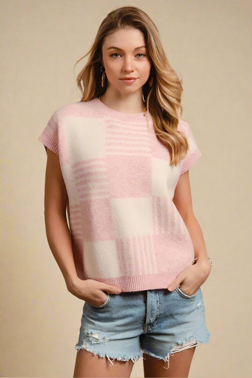 BiBi - Checkerboard Knit Sweater Vest – Pink & Ivory
