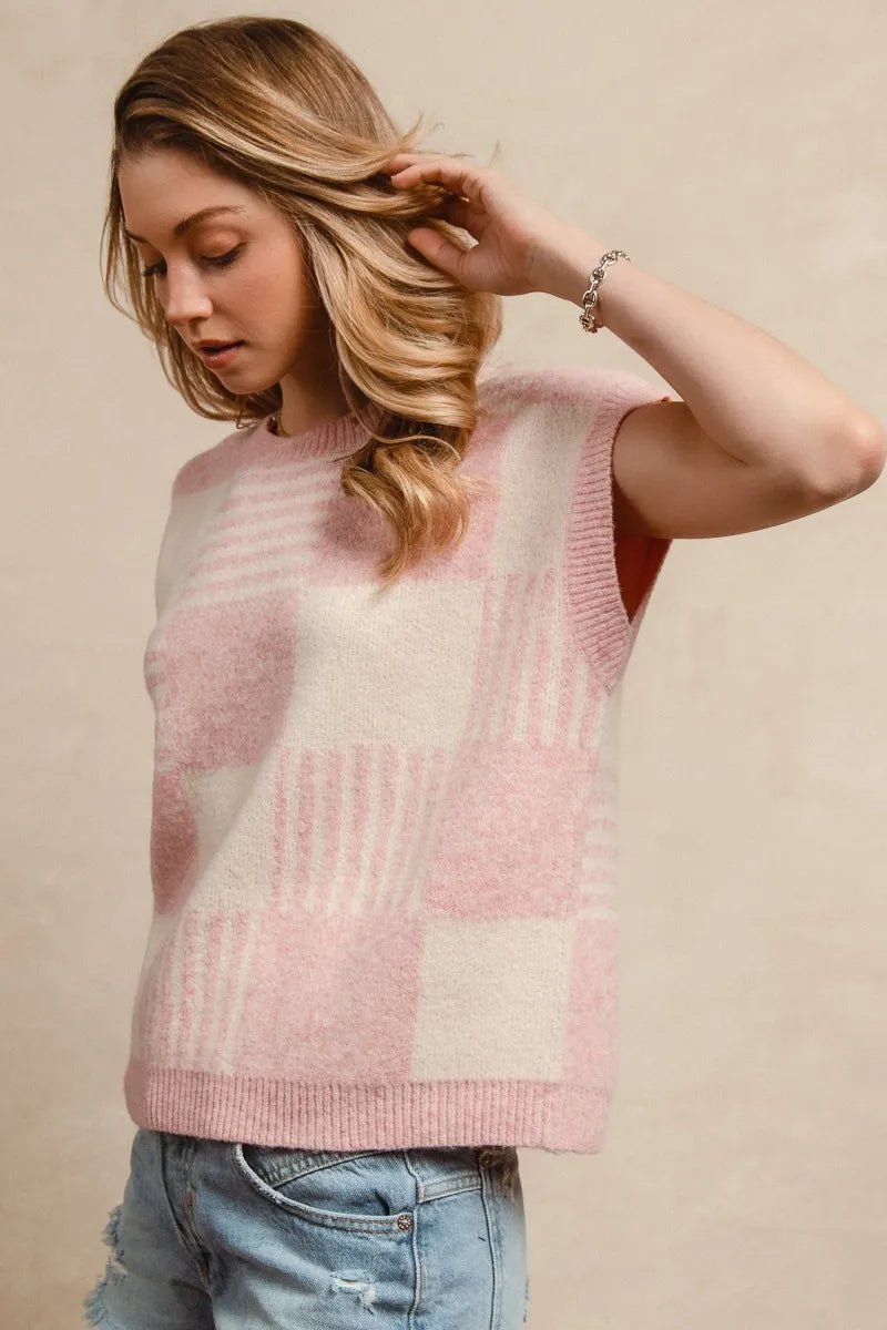 BiBi - Checkerboard Knit Sweater Vest – Pink & Ivory