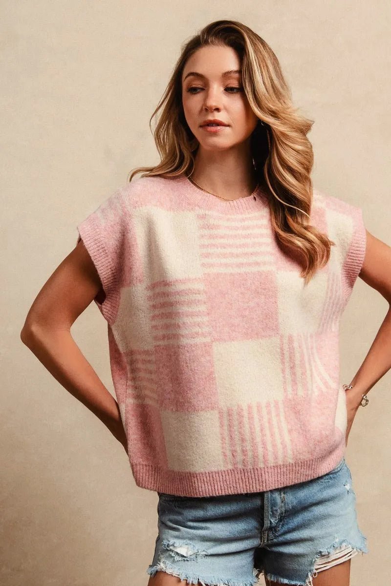 BiBi - Checkerboard Knit Sweater Vest – Pink & Ivory