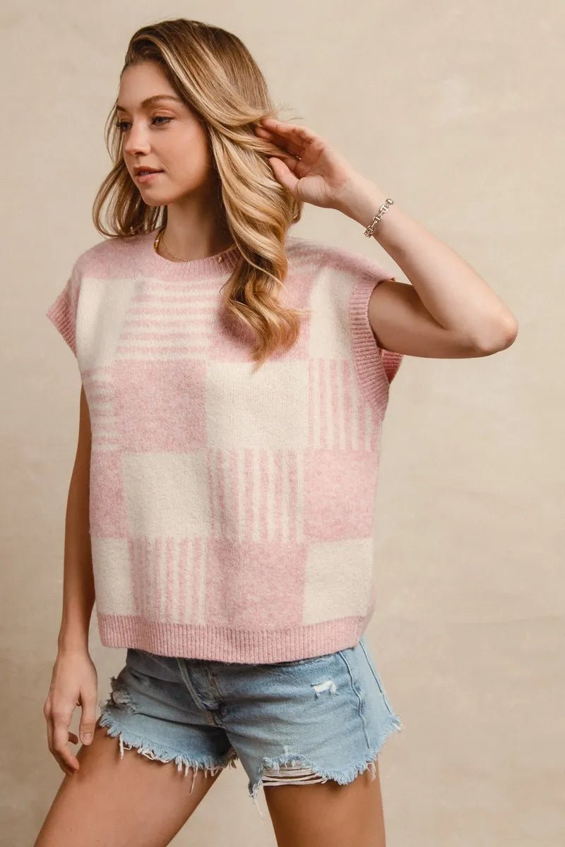 BiBi - Checkerboard Knit Sweater Vest – Pink & Ivory
