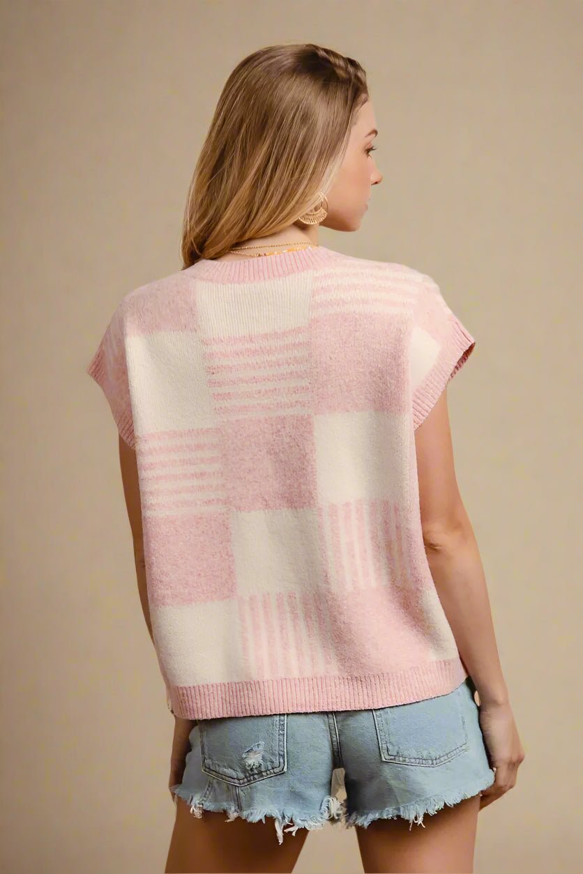 BiBi - Checkerboard Knit Sweater Vest – Pink & Ivory