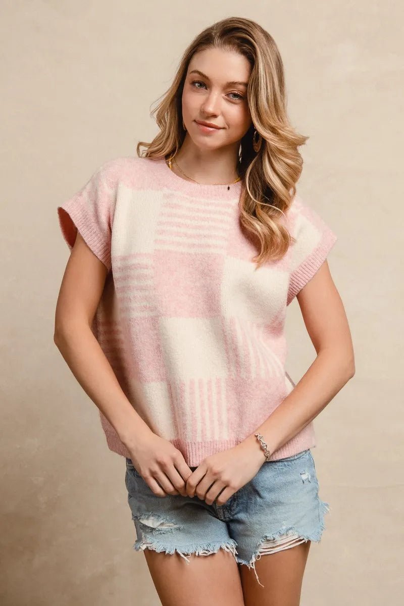 BiBi - Checkerboard Knit Sweater Vest – Pink & Ivory