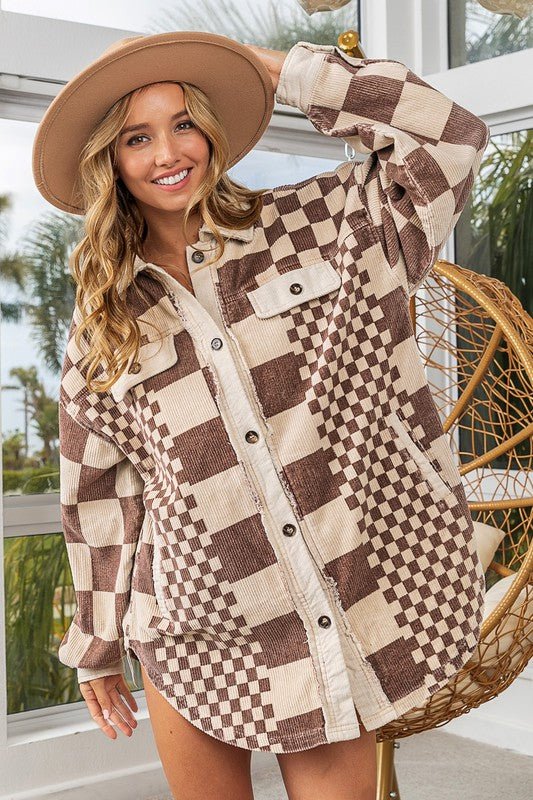 BiBi - Checkered Button Down Corduroy Shacket in Mocha