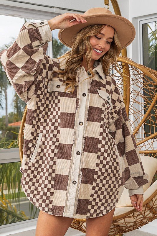 BiBi - Checkered Button Down Corduroy Shacket in Mocha