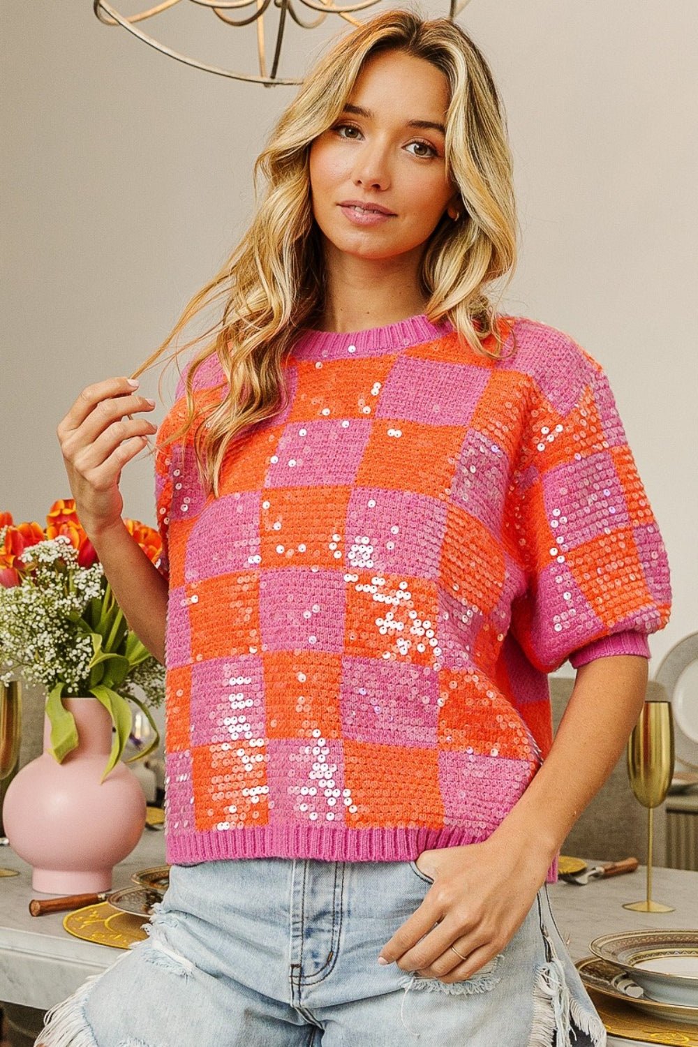 BiBi - Checkered Short Sleeve Sequin Sweater in Pink Orange