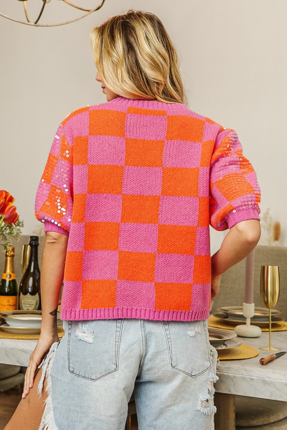 BiBi - Checkered Short Sleeve Sequin Sweater in Pink Orange