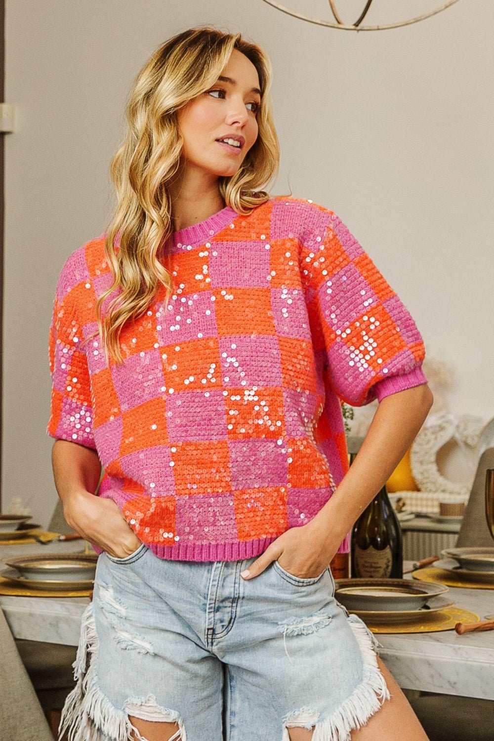 BiBi - Checkered Short Sleeve Sequin Sweater in Pink Orange