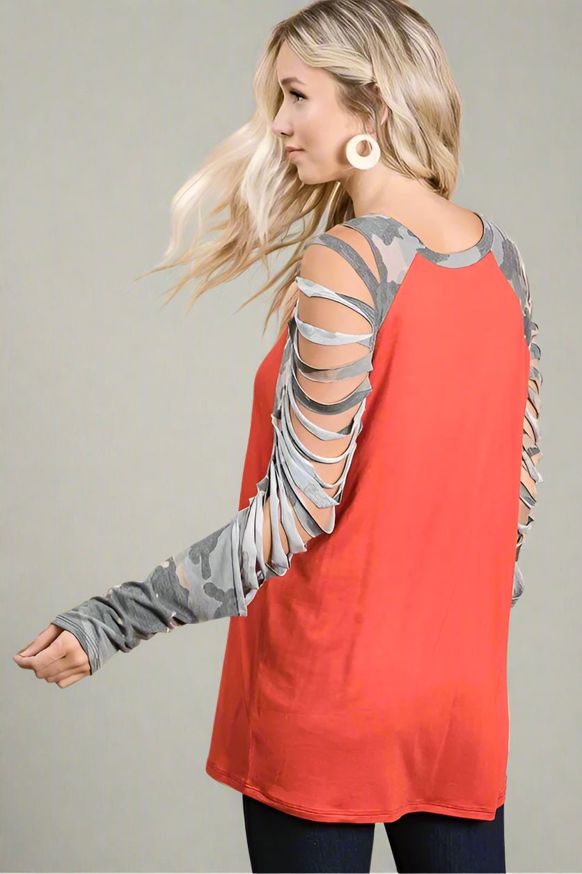 BiBi - Cold Shoulder Camo Sleeve Top in Brick & Olive