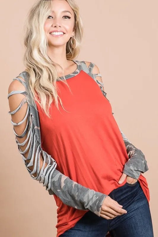 BiBi - Cold Shoulder Camo Sleeve Top in Brick & Olive