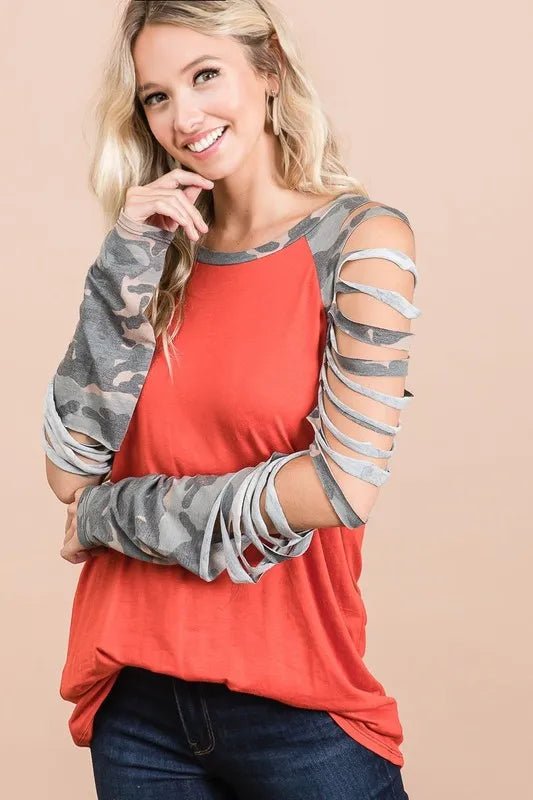 BiBi - Cold Shoulder Camo Sleeve Top in Brick & Olive