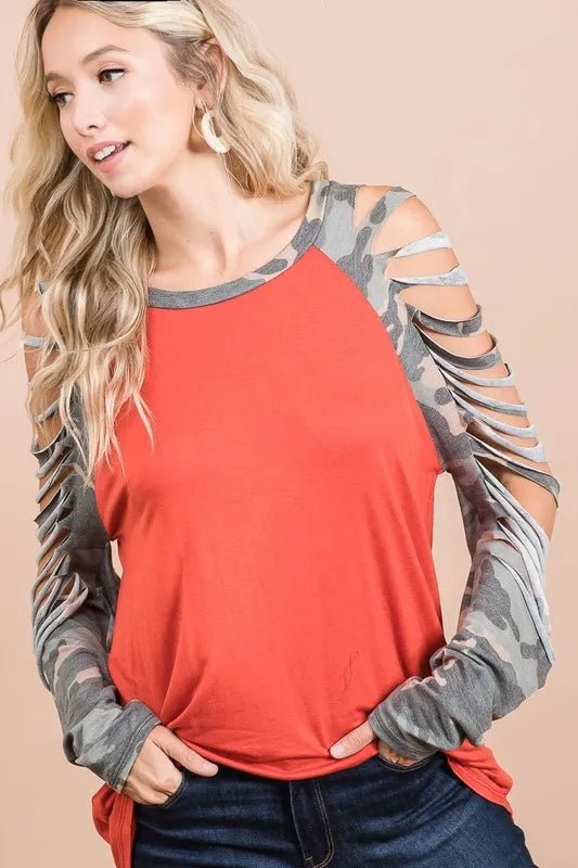 BiBi - Cold Shoulder Camo Sleeve Top in Brick & Olive