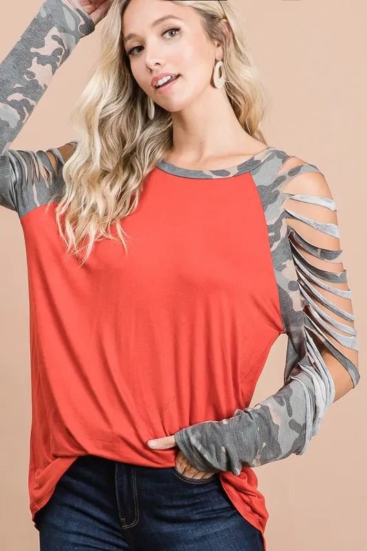 BiBi - Cold Shoulder Camo Sleeve Top in Brick & Olive