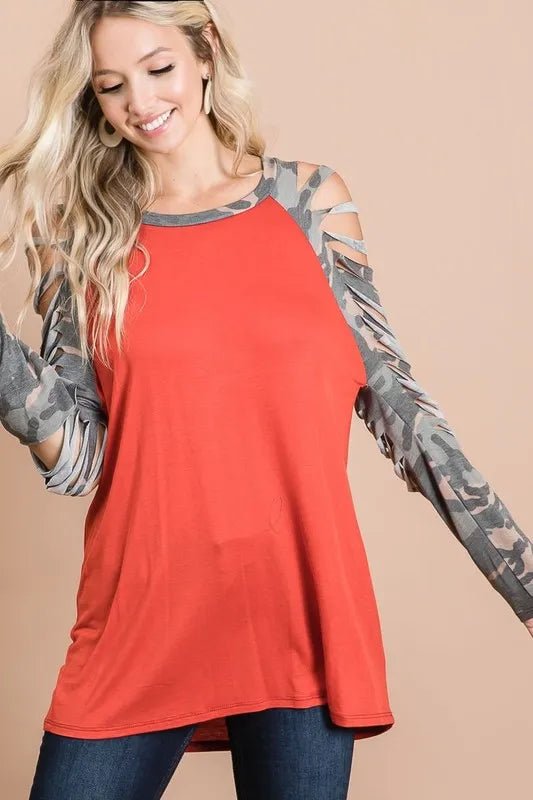 BiBi - Cold Shoulder Camo Sleeve Top in Brick & Olive
