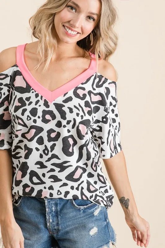 BiBi - Cold Shoulder Leopard Print Top – White & Pink