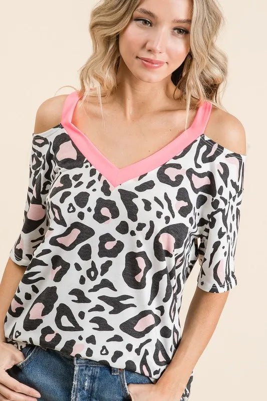 BiBi - Cold Shoulder Leopard Print Top – White & Pink