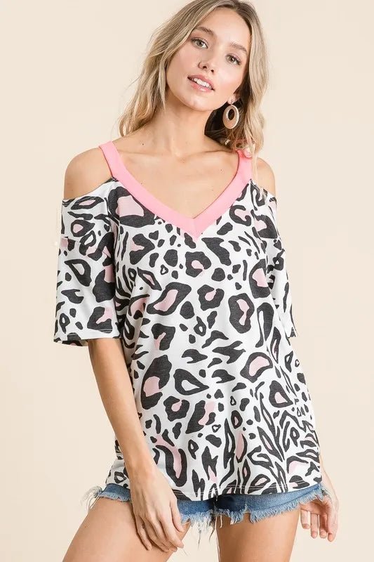 BiBi - Cold Shoulder Leopard Print Top – White & Pink