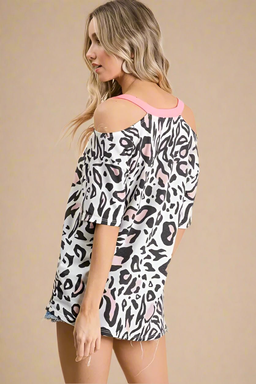 BiBi - Cold Shoulder Leopard Print Top – White & Pink