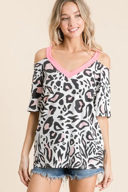 BiBi - Cold Shoulder Leopard Print Top – White & Pink