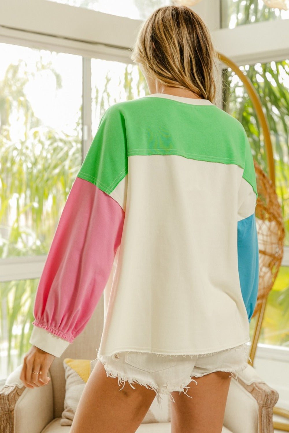 BiBi - Color Block Number 84 Long Sleeve Top in Ivory Green