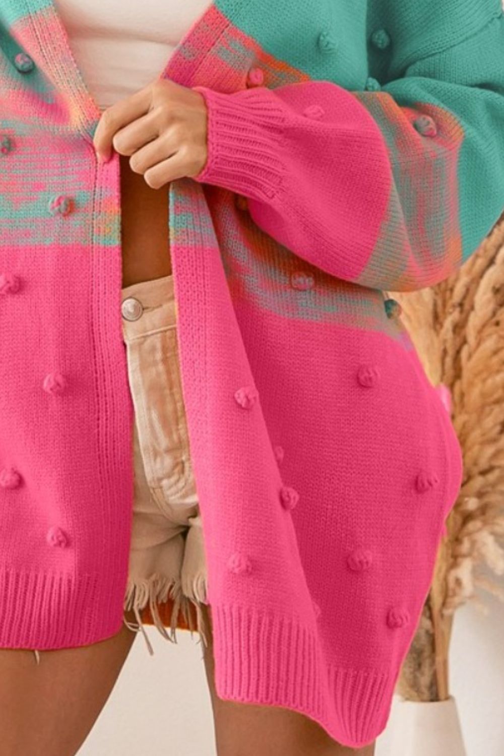 BiBi - Color Block PomPom Cardigan in Turquoise Pink