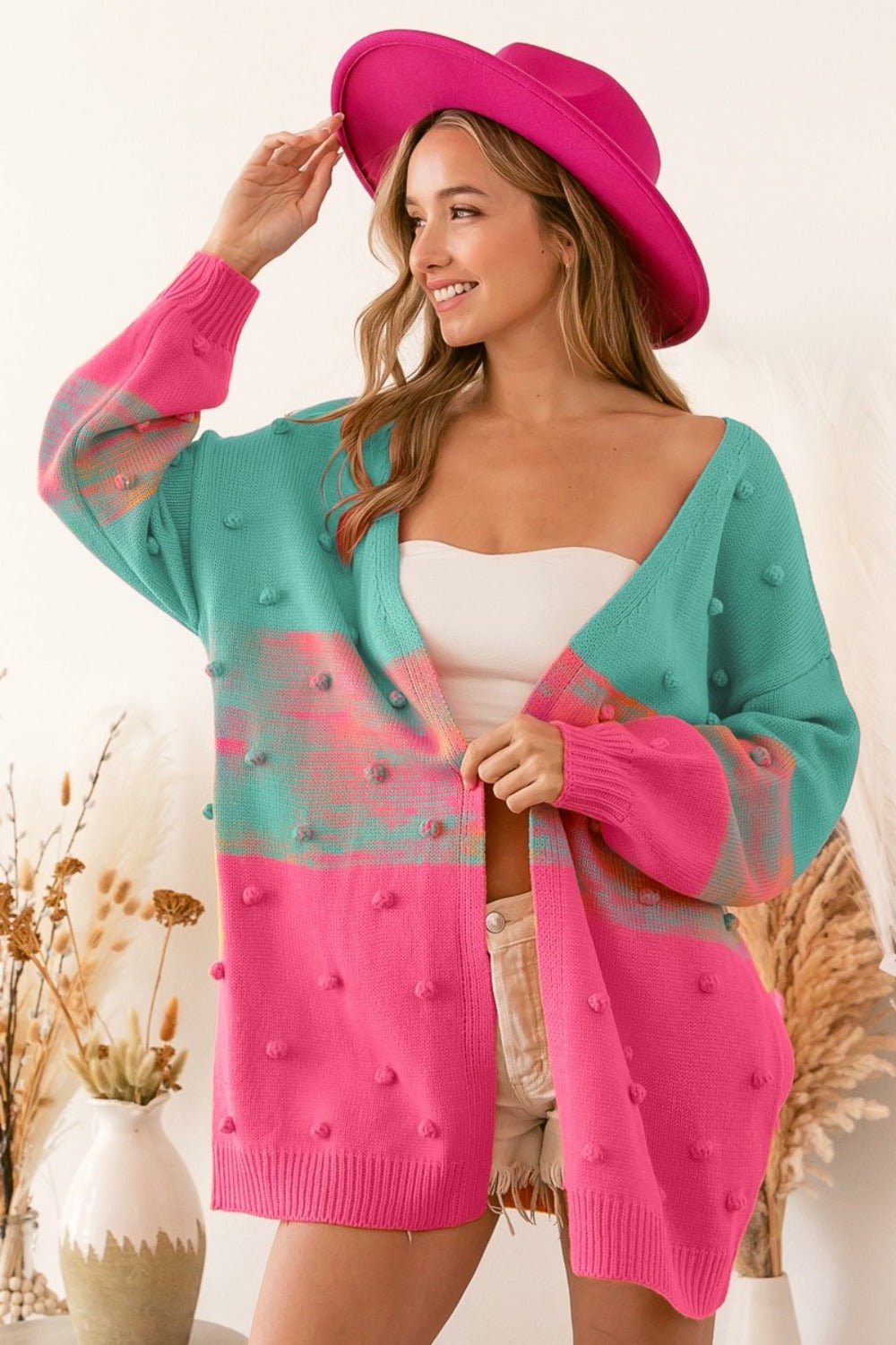 BiBi - Color Block PomPom Cardigan in Turquoise Pink