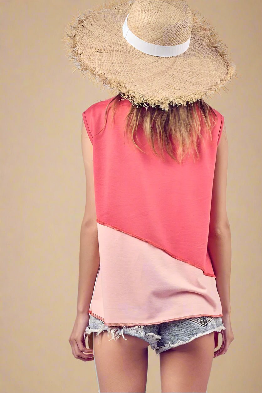 BiBi - Color Block Sleeveless Henley Top – Coral & Pink