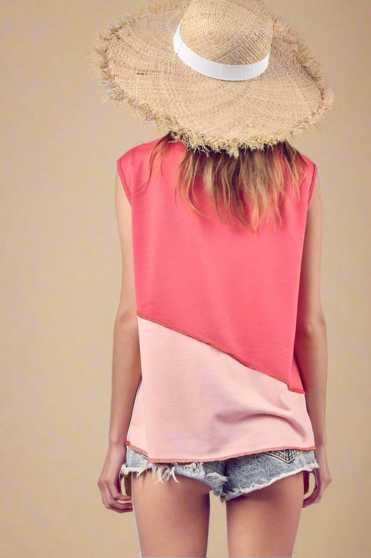 BiBi - Color Block Sleeveless Henley Top – Coral & Pink
