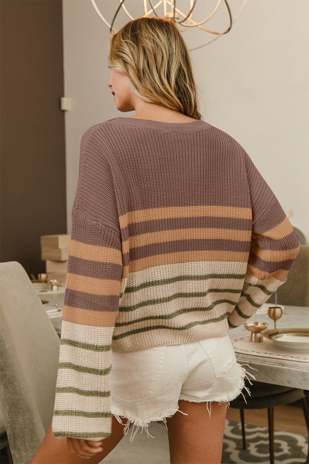 BiBi - Color Block Striped Sweater in Mocha Oatmeal