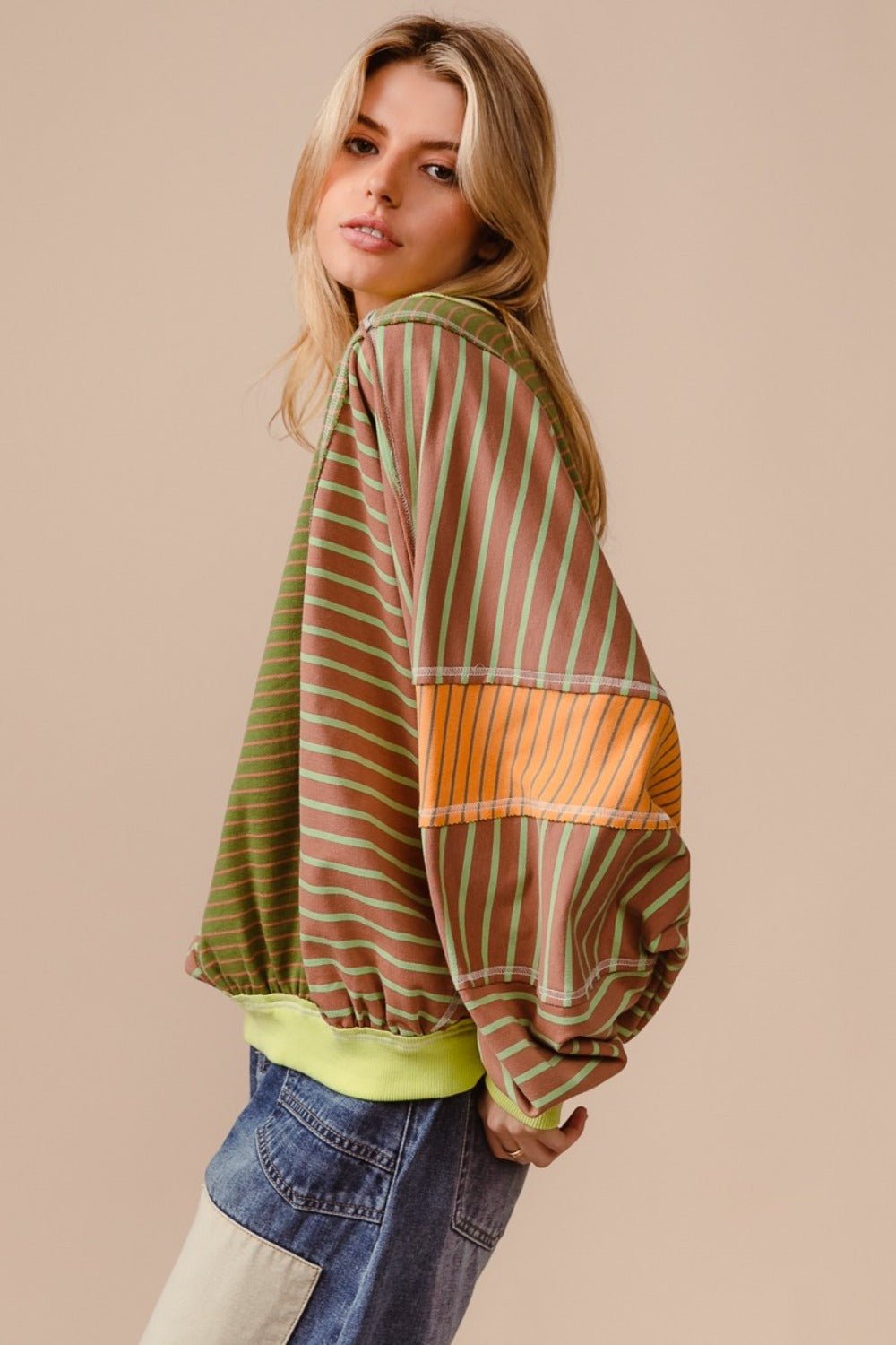 BiBi - Color Block Striped Sweatshirt in Olive Latte