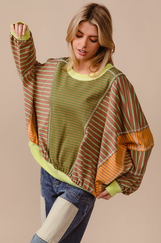 BiBi - Color Block Striped Sweatshirt in Olive Latte