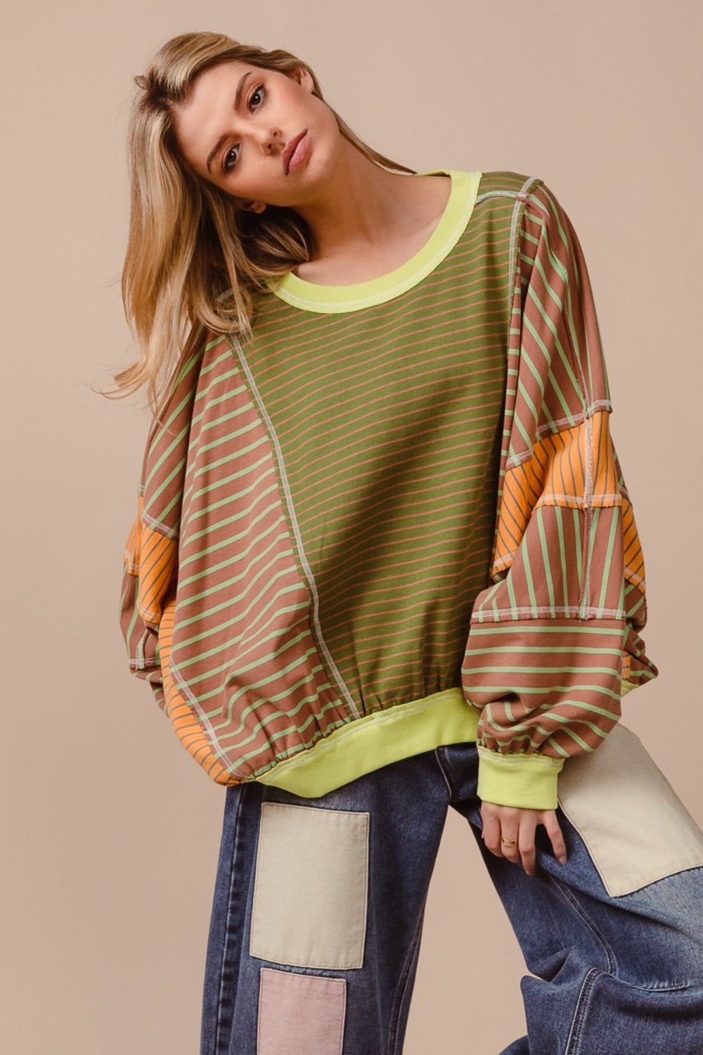 BiBi - Color Block Striped Sweatshirt in Olive Latte