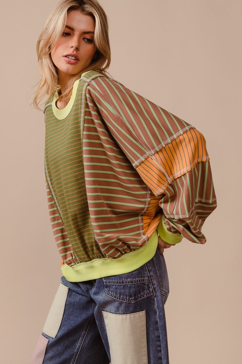 BiBi - Color Block Striped Sweatshirt in Olive Latte