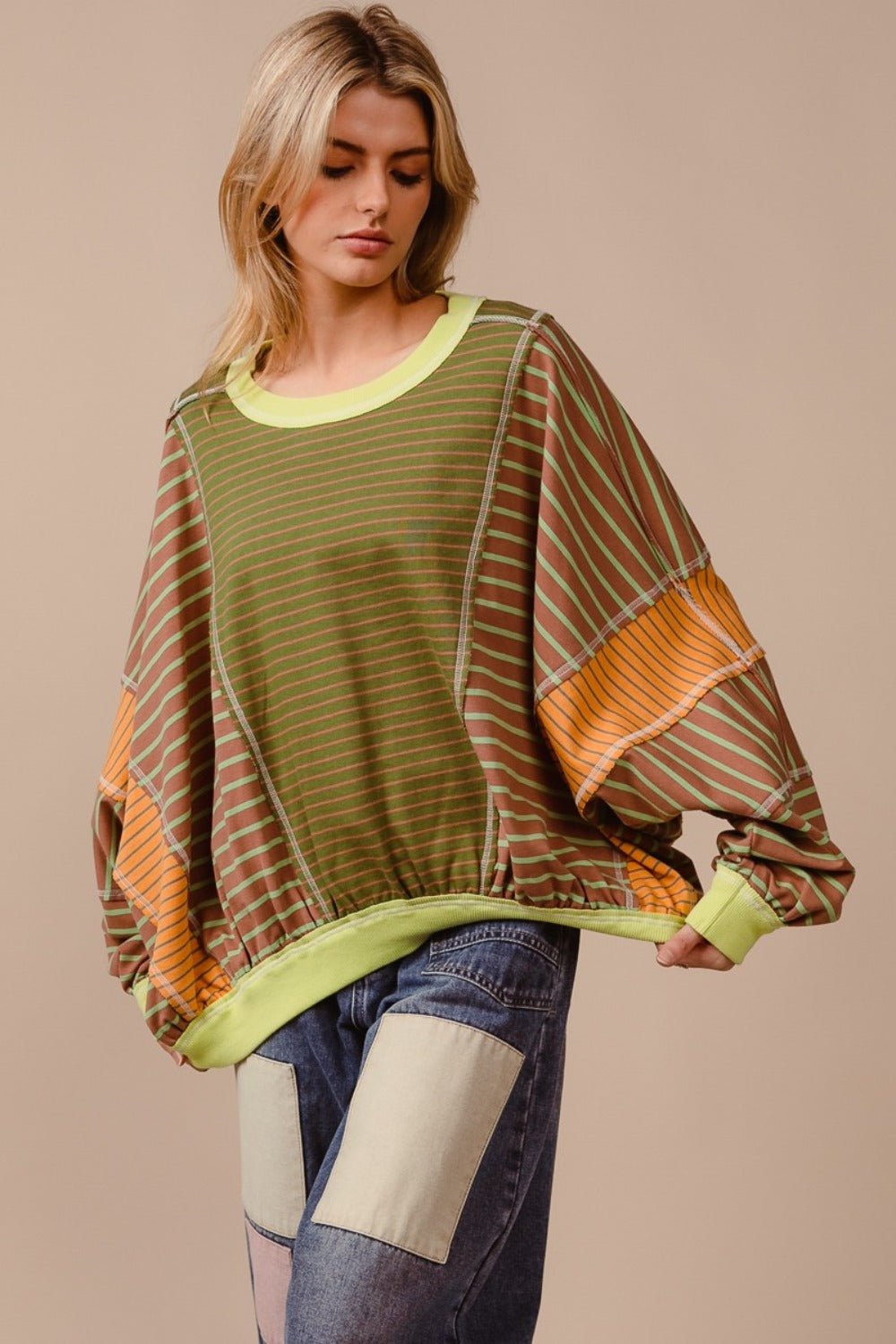 BiBi - Color Block Striped Sweatshirt in Olive Latte