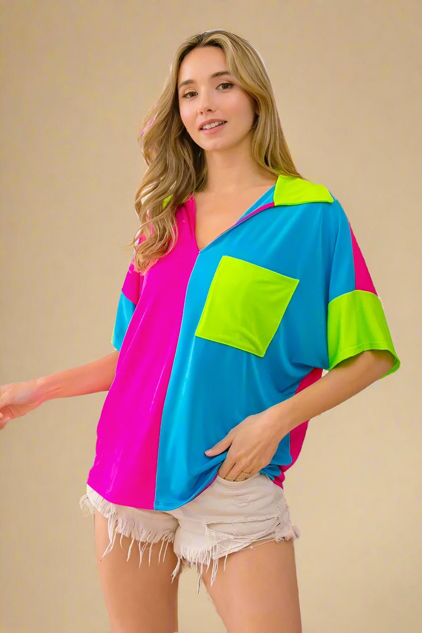 BiBi - Colorblock Collared Tee in Neon Pink & Lime Green