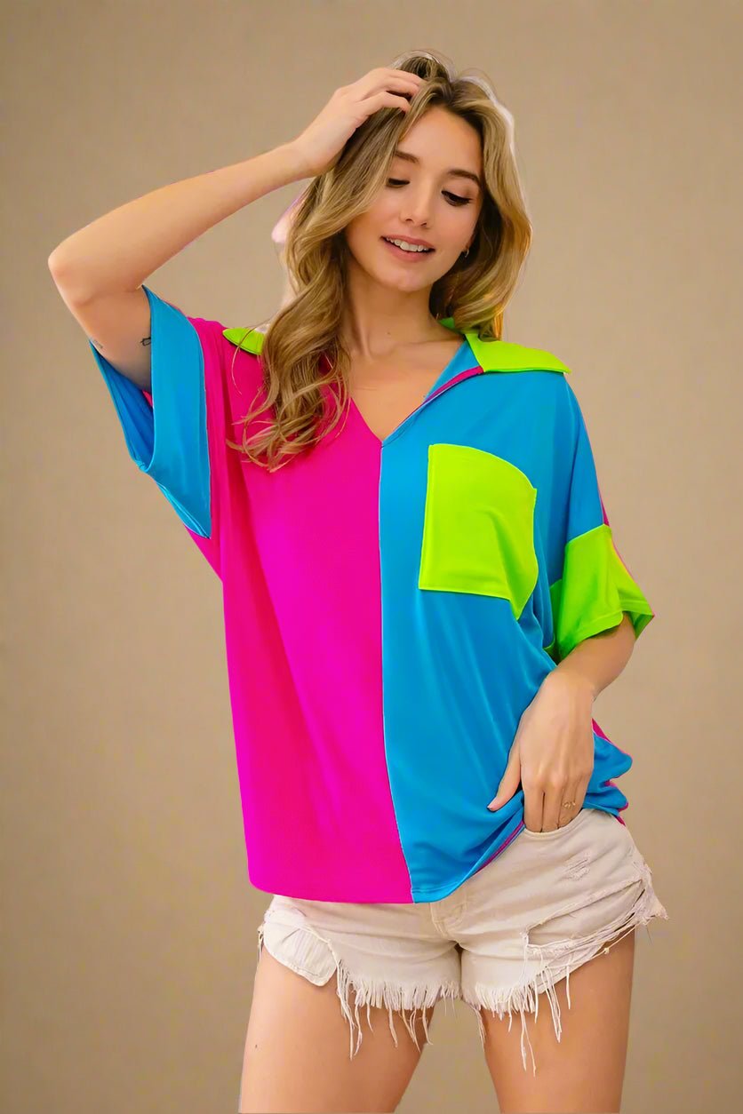 BiBi - Colorblock Collared Tee in Neon Pink & Lime Green